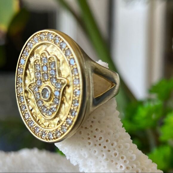 Sheila Fajl 18K Gold CZ Encrusted Hamsa/Evil Eye  Ring Size - Picture 2 of 14